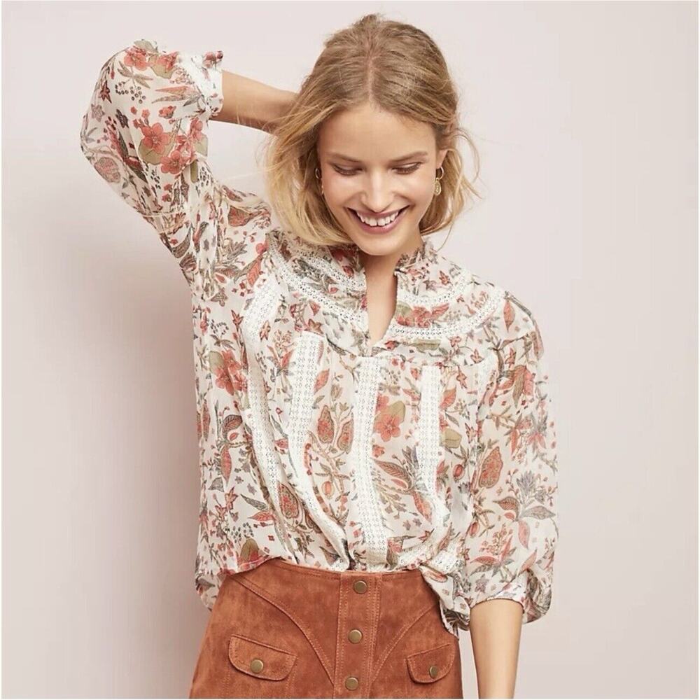 Feather Bone Anthropologie Sheer Boho‎ Peasant Top Orange Olive Green Fall Sz 12